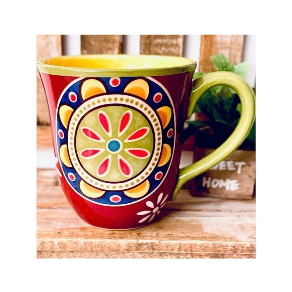 NWT Gorgeous Pier 1 Red Blue Ironstone MEXICALI Floral Rustic Coffee Mug